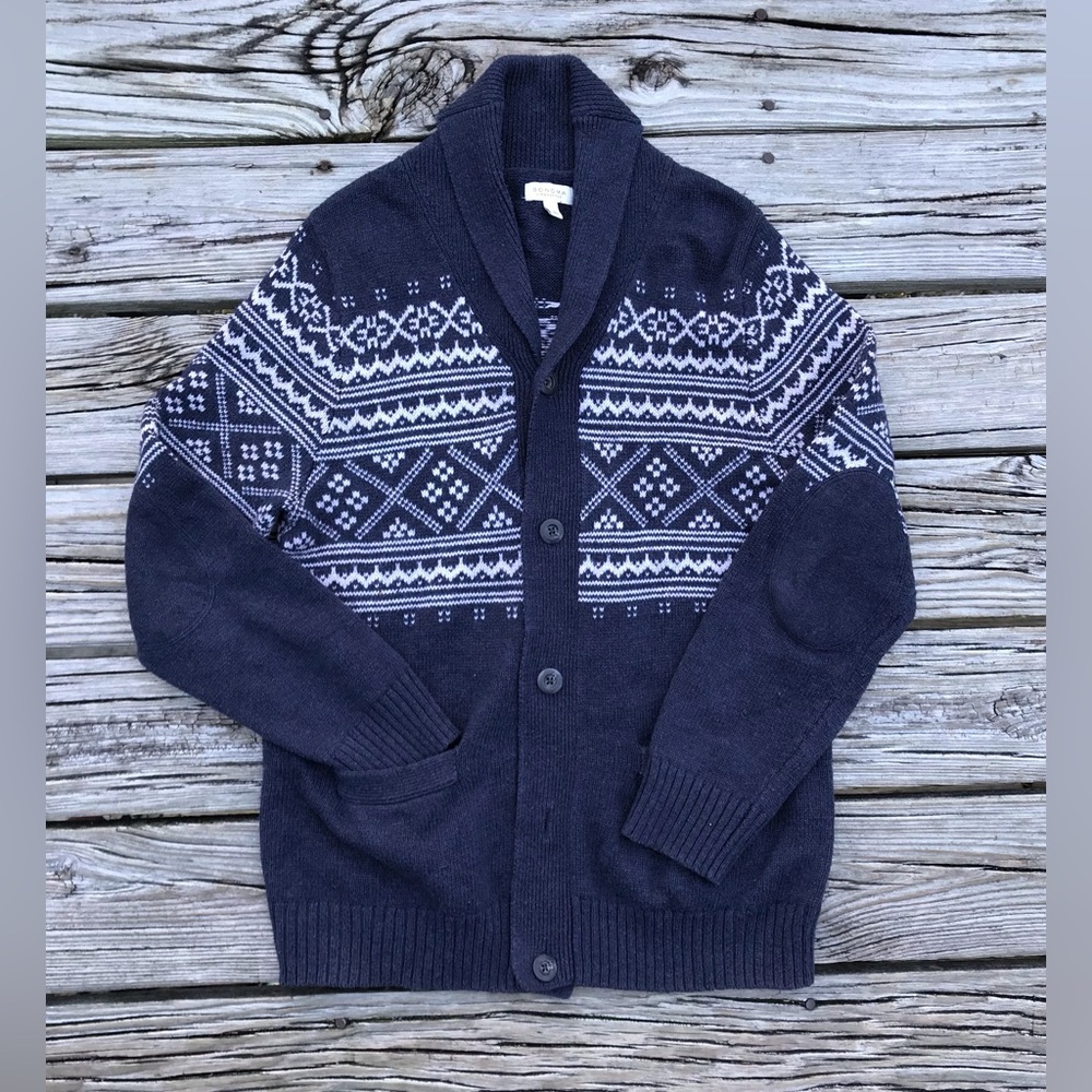 Mens L SONOMA Open Front Button Navy Blue Patterned Cardigan Lodge Sweater